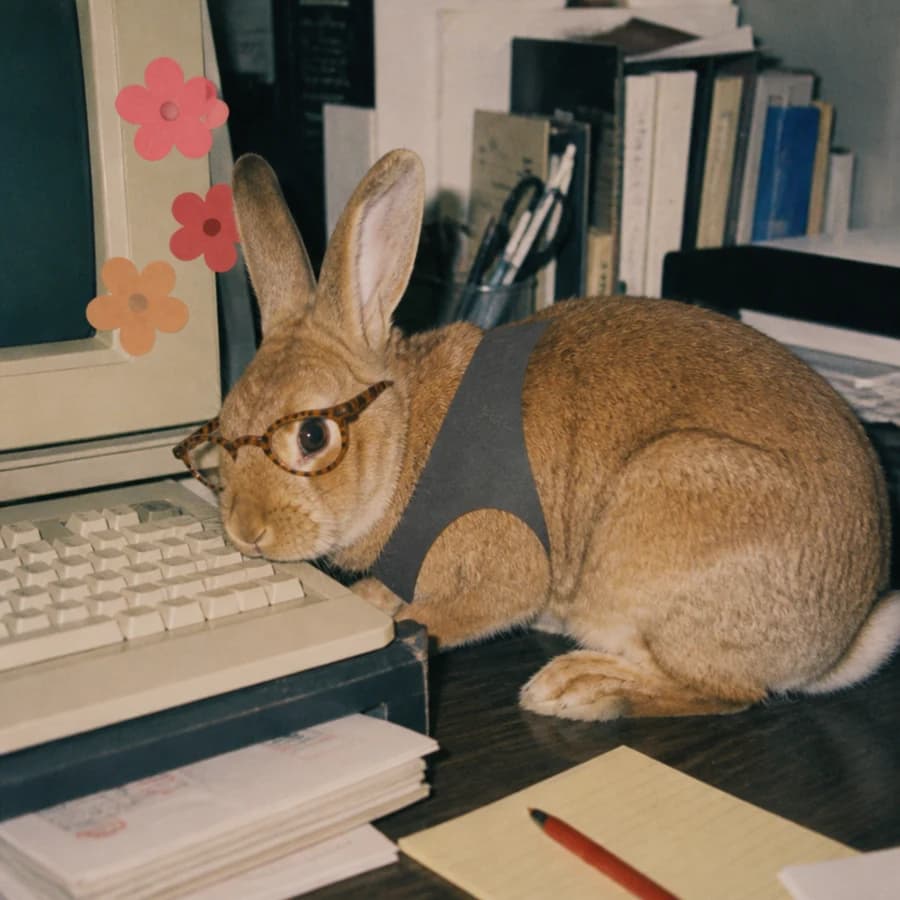 Byte, a brown rabbit investigating a vintage keyboard in paper glasses