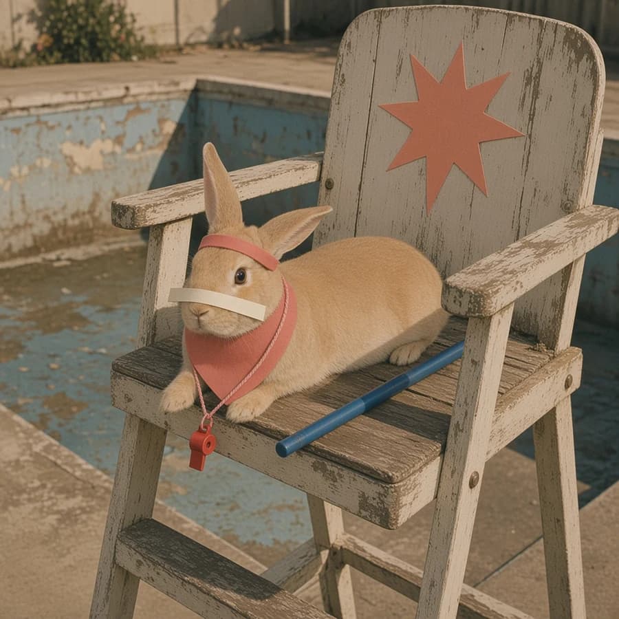 Buoy, a sandy rabbit on a lifeguard chair with a red paper whistle