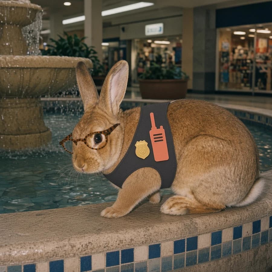 Sentry, a brown rabbit near a mall fountain wearing a flat paper security badge