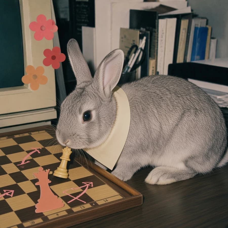 Gambit, a silver rabbit beside a chessboard with a cream paper scarf