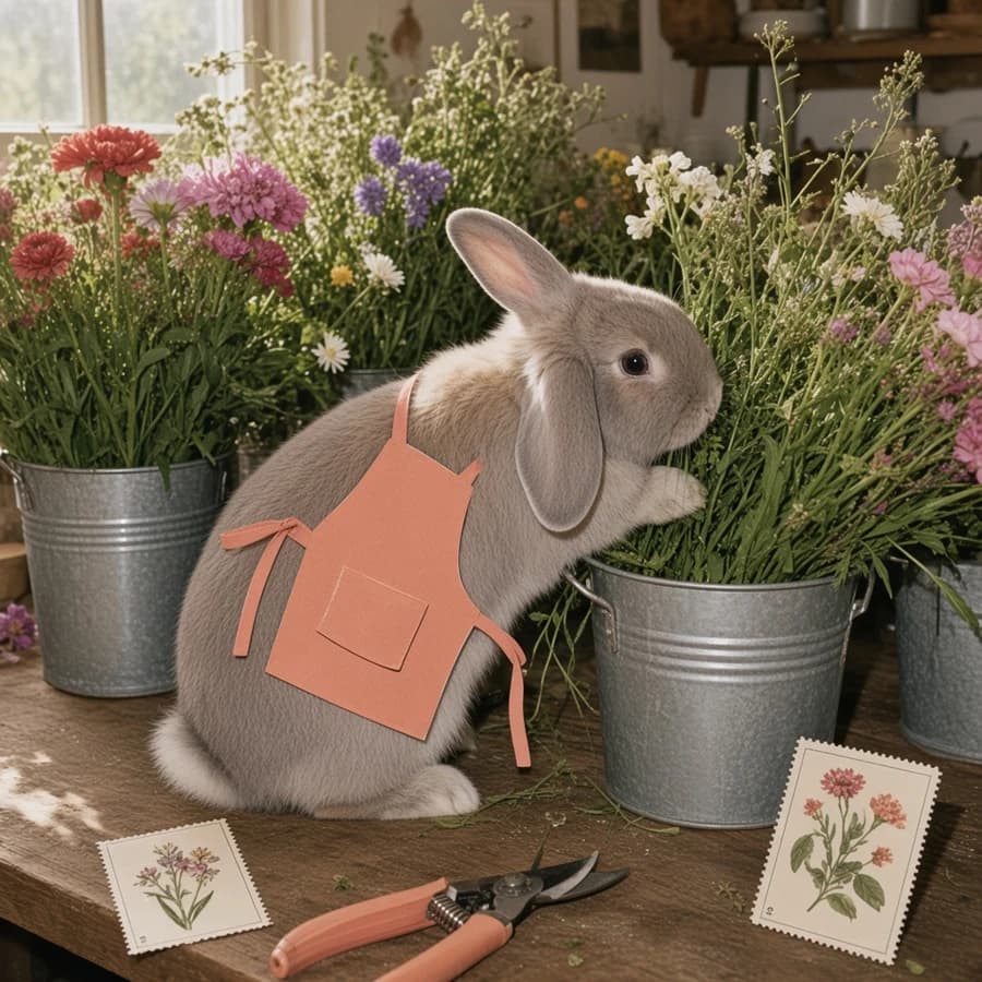 Petal, a gray lop rabbit among flower buckets with a coral paper apron