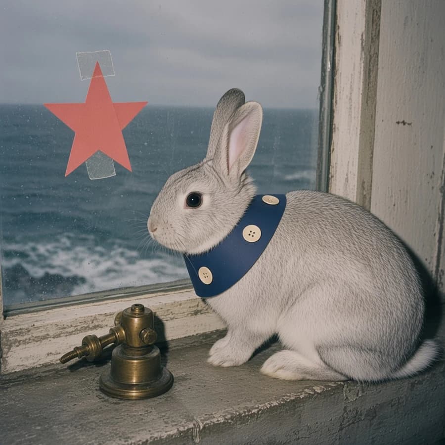Beacon, a silver rabbit by a lighthouse window with a navy paper pea coat