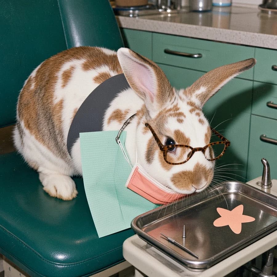 Floss, a spotted rabbit beside a dental tray wearing a mint paper bib