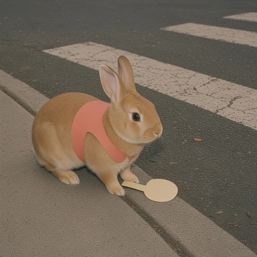Lolly, a cinnamon rabbit by a crosswalk with a coral paper safety vest
