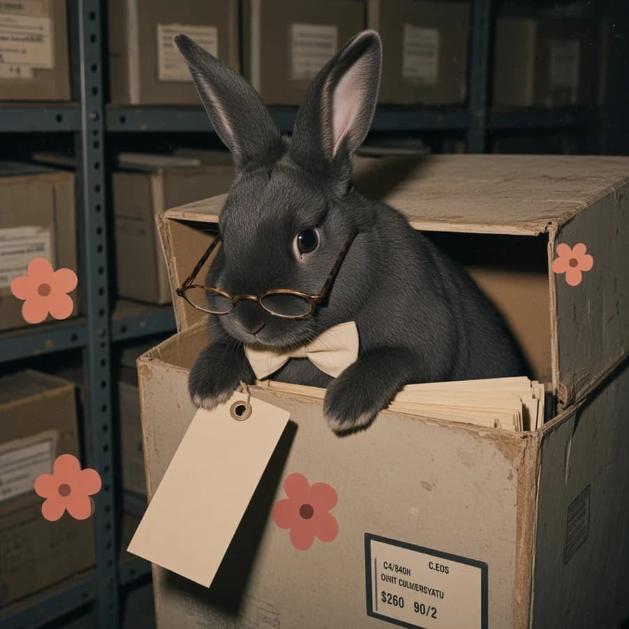 Folio, a dark rabbit among archive boxes wearing flat paper spectacles