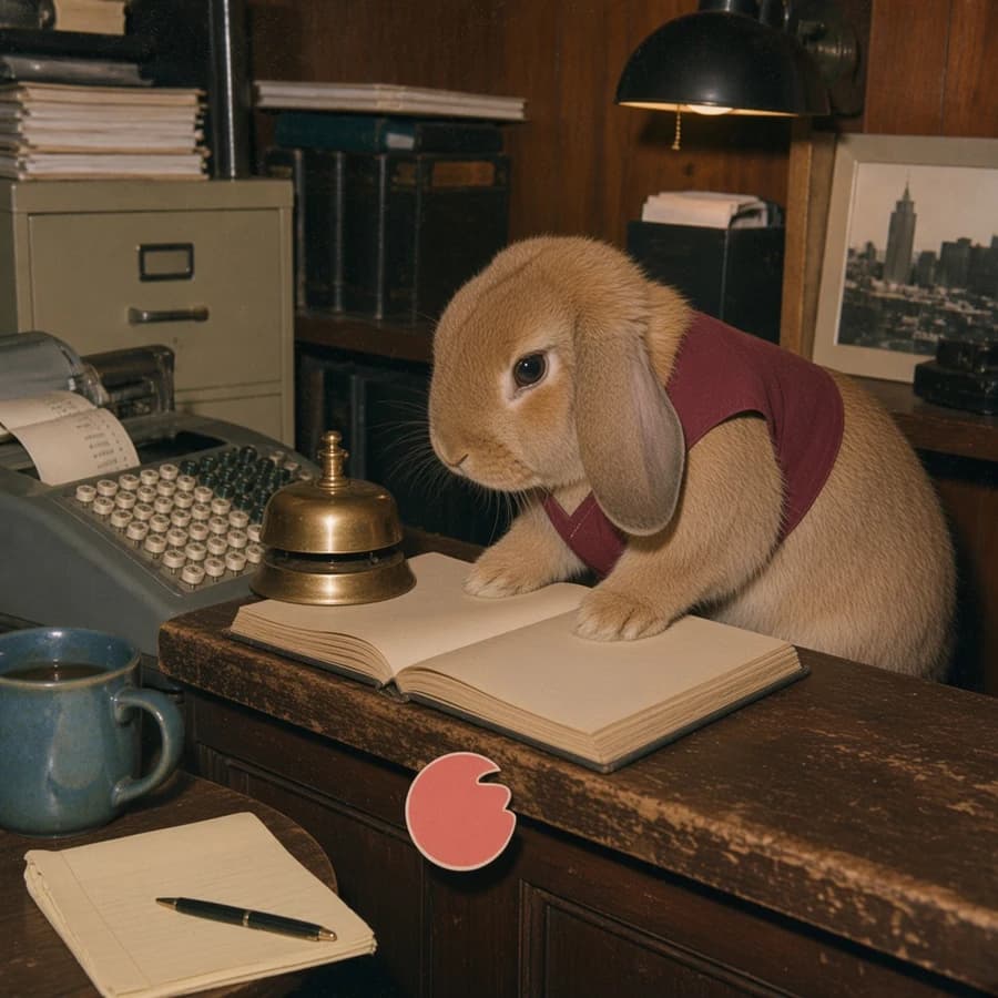 Tally, a brown lop rabbit behind a hotel desk with a burgundy paper vest