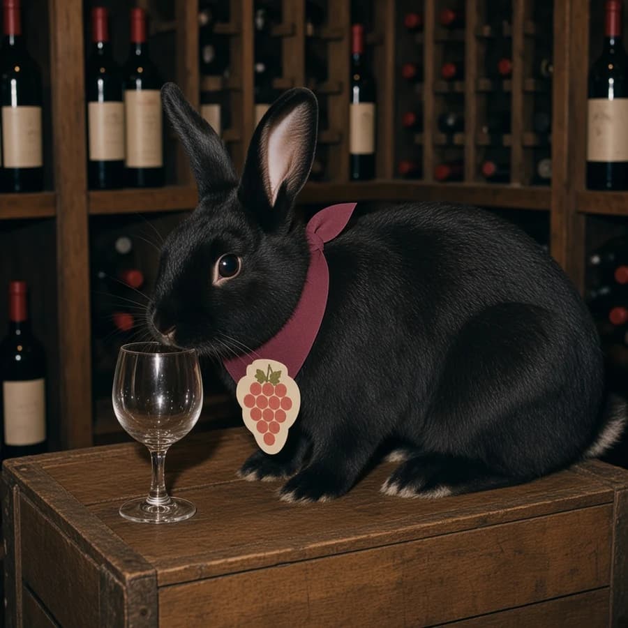 Corky, a black rabbit sniffing a wine glass with a burgundy paper neckerchief