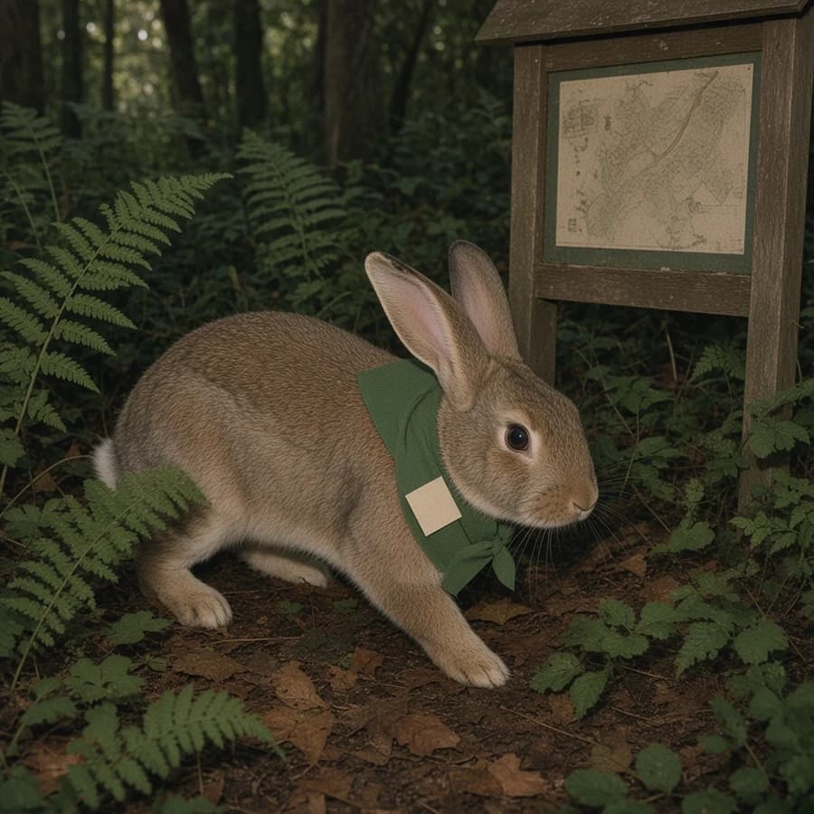 Scout, a large brown rabbit beside a trail map with a green paper ranger neckerchief