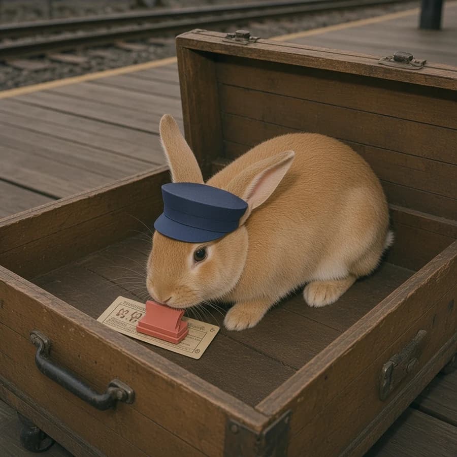 Whistle, a tan rabbit on a station platform with a blue paper conductor cap