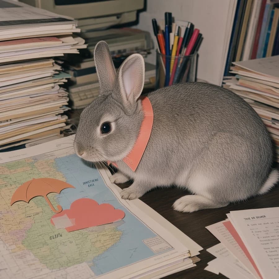 Gale, a gray rabbit beside a weather map with a coral paper raincoat