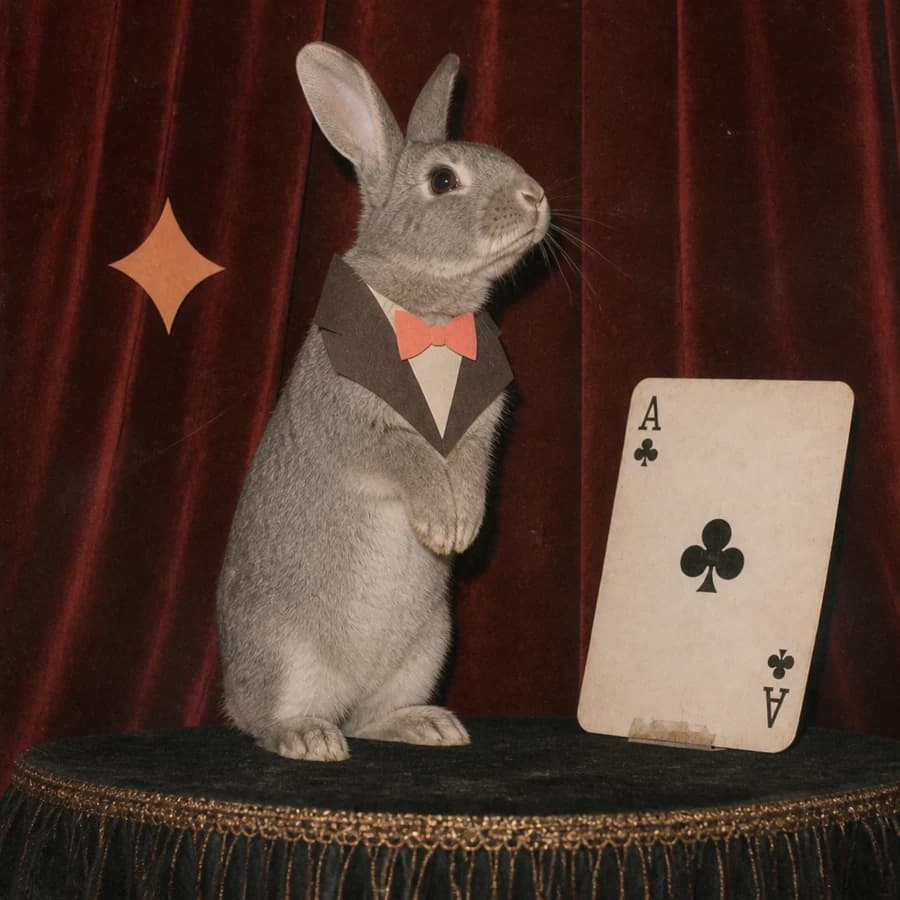 Hocus, a gray rabbit standing on a small stage toward a playing card