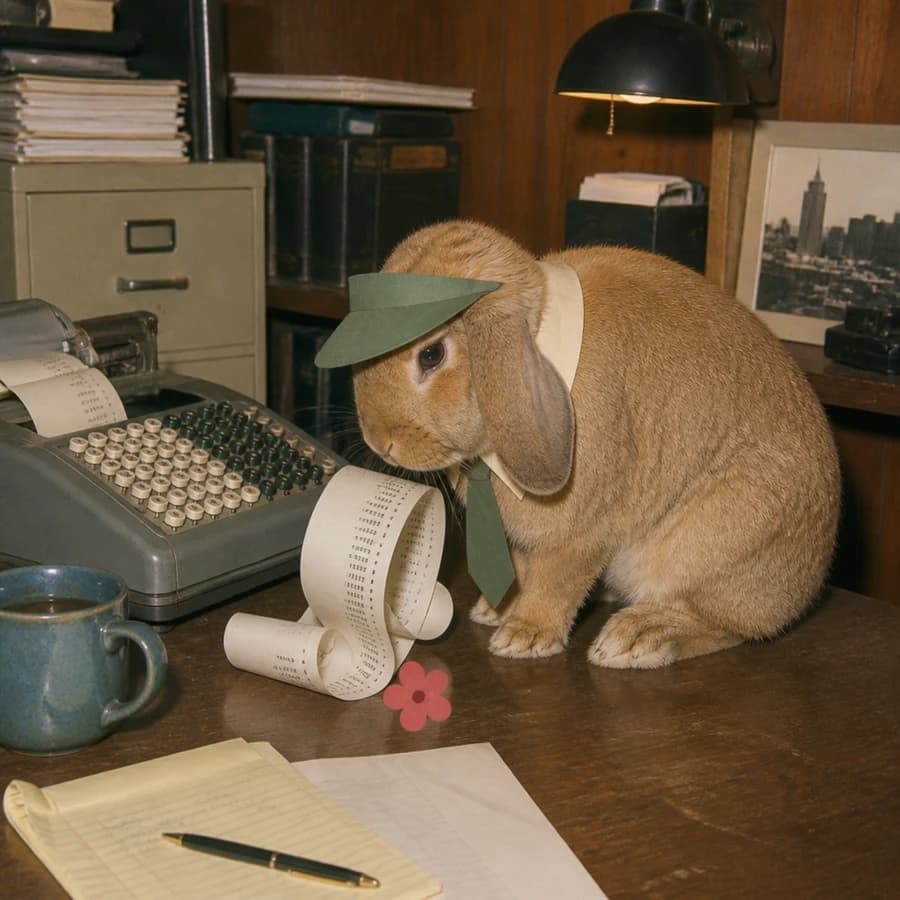 Ledger, a lop rabbit inspecting adding-machine tape in a paper visor